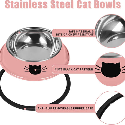 2/3Pcs Cat Bowls Non-Slip Stainless Steel Small Cat Food Bowls Unbreakable Thicken Cat Feeder 7 Oz Cat Dishes Suitable for Indoor Small Pets Removable Rubber Base Easily Clean Lovely Color Pink.