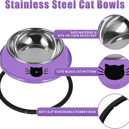 2/3Pcs Cat Bowls Non-Slip Stainless Steel Small Cat Food Bowls Unbreakable Thicken Cat Feeder 7 Oz Cat Dishes Suitable for Indoor Small Pets Removable Rubber Base Easily Clean Lovely Color Purple.