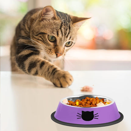 2/3Pcs Cat Bowls Non-Slip Stainless Steel Small Cat Food Bowls Unbreakable Thicken Cat Feeder 7 Oz Cat Dishes Suitable for Indoor Small Pets Removable Rubber Base Easily Clean Lovely Color Purple.