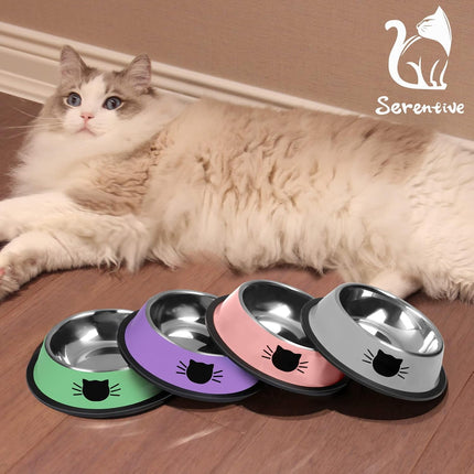 2/3Pcs Cat Bowls Non-Slip Stainless Steel Small Cat Food Bowls Unbreakable Thicken Cat Feeder 7 Oz Cat Dishes Suitable for Indoor Small Pets Removable Rubber Base Easily Clean Lovely Color Purple, Green, Pink.