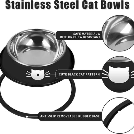 2/3Pcs Cat Bowls Non-Slip Stainless Steel Small Cat Food Bowls Unbreakable Thicken Cat Feeder 7 Oz Cat Dishes Suitable for Indoor Small Pets Removable Rubber Base Easily Clean Lovely Color Silver, Black.