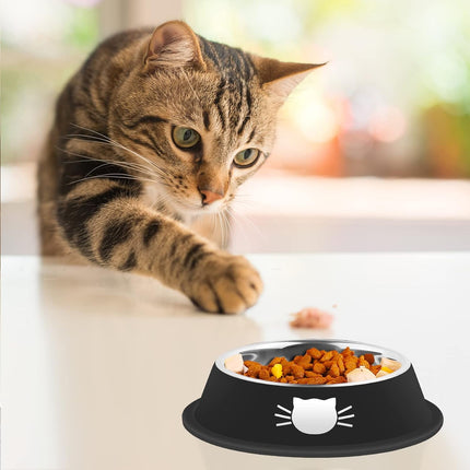 2/3Pcs Cat Bowls Non-Slip Stainless Steel Small Cat Food Bowls Unbreakable Thicken Cat Feeder 7 Oz Cat Dishes Suitable for Indoor Small Pets Removable Rubber Base Easily Clean Lovely Color Silver, Black.