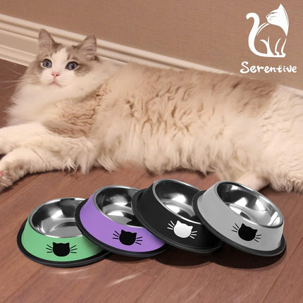 2/3Pcs Cat Bowls Non-Slip Stainless Steel Small Cat Food Bowls Unbreakable Thicken Cat Feeder 7 Oz Cat Dishes Suitable for Indoor Small Pets Removable Rubber Base Easily Clean Lovely Color Silver, Black.