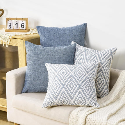 Decorative Set of 4 Square Couch Pillows Linen Cushion Cover for Couch Sofa Living Room, 18"x18" inches, Blue Blue 18x18 Inch Pillow Covers.