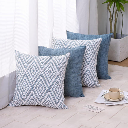 Decorative Set of 4 Square Couch Pillows Linen Cushion Cover for Couch Sofa Living Room, 18"x18" inches, Blue Blue 18x18 Inch Pillow Covers.