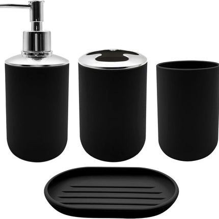Set 4 Pcs Green Bathroom Accessories,Cute Bathroom Decor,Plastic Soap Dispenser and Toothbrush Holder Set,Soap Dish and Mouthwash Cup Black.
