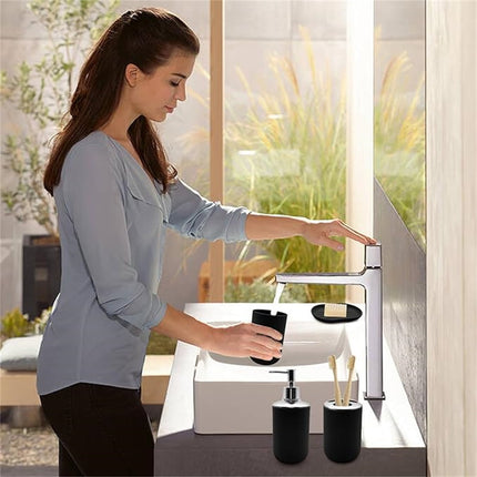 Set 4 Pcs Green Bathroom Accessories,Cute Bathroom Decor,Plastic Soap Dispenser and Toothbrush Holder Set,Soap Dish and Mouthwash Cup Black.
