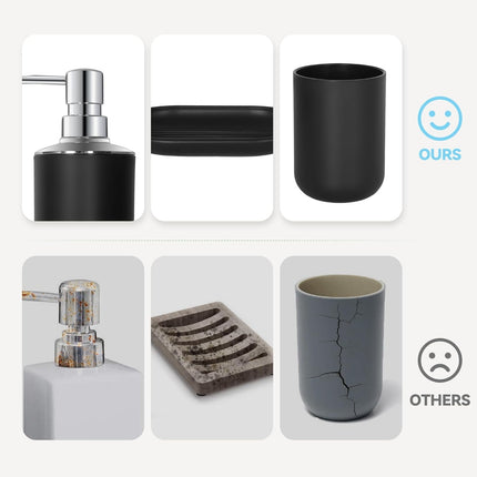 Set 4 Pcs Green Bathroom Accessories,Cute Bathroom Decor,Plastic Soap Dispenser and Toothbrush Holder Set,Soap Dish and Mouthwash Cup Black.