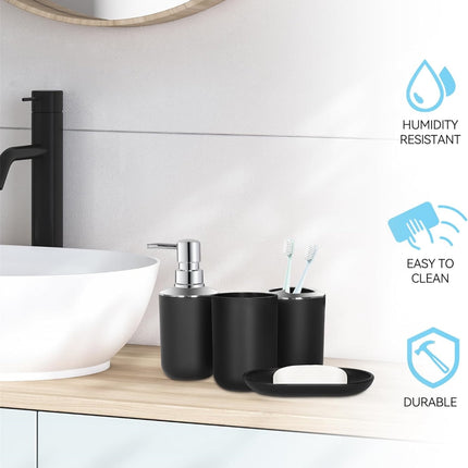 Set 4 Pcs Green Bathroom Accessories,Cute Bathroom Decor,Plastic Soap Dispenser and Toothbrush Holder Set,Soap Dish and Mouthwash Cup Black.