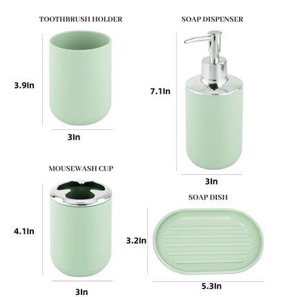 Set 4 Pcs Green Bathroom Accessories,Cute Bathroom Decor,Plastic Soap Dispenser and Toothbrush Holder Set,Soap Dish and Mouthwash Cup Green.
