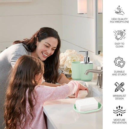 Set 4 Pcs Green Bathroom Accessories,Cute Bathroom Decor,Plastic Soap Dispenser and Toothbrush Holder Set,Soap Dish and Mouthwash Cup Green.