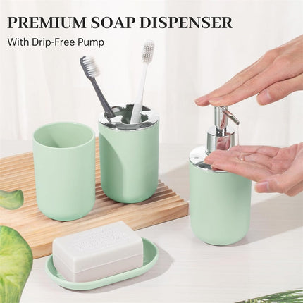 Set 4 Pcs Green Bathroom Accessories,Cute Bathroom Decor,Plastic Soap Dispenser and Toothbrush Holder Set,Soap Dish and Mouthwash Cup Green.