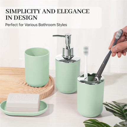 Set 4 Pcs Green Bathroom Accessories,Cute Bathroom Decor,Plastic Soap Dispenser and Toothbrush Holder Set,Soap Dish and Mouthwash Cup Green.
