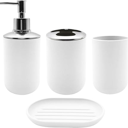 Set 4 Pcs Green Bathroom Accessories,Cute Bathroom Decor,Plastic Soap Dispenser and Toothbrush Holder Set,Soap Dish and Mouthwash Cup White.