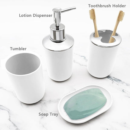 Set 4 Pcs Green Bathroom Accessories,Cute Bathroom Decor,Plastic Soap Dispenser and Toothbrush Holder Set,Soap Dish and Mouthwash Cup White.