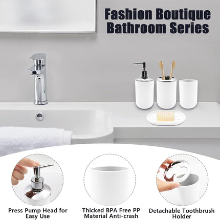 Set 4 Pcs Green Bathroom Accessories,Cute Bathroom Decor,Plastic Soap Dispenser and Toothbrush Holder Set,Soap Dish and Mouthwash Cup White.
