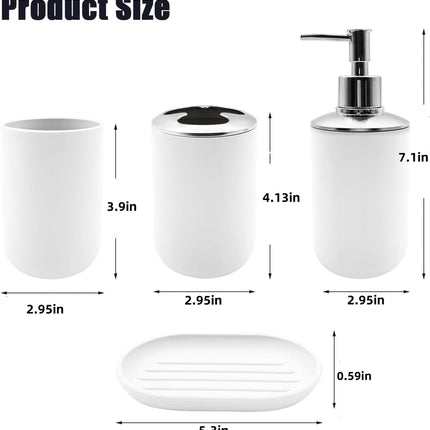 Set 4 Pcs Green Bathroom Accessories,Cute Bathroom Decor,Plastic Soap Dispenser and Toothbrush Holder Set,Soap Dish and Mouthwash Cup White.