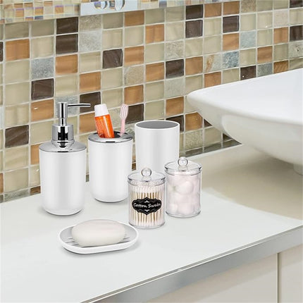 Set 4 Pcs Green Bathroom Accessories,Cute Bathroom Decor,Plastic Soap Dispenser and Toothbrush Holder Set,Soap Dish and Mouthwash Cup White.