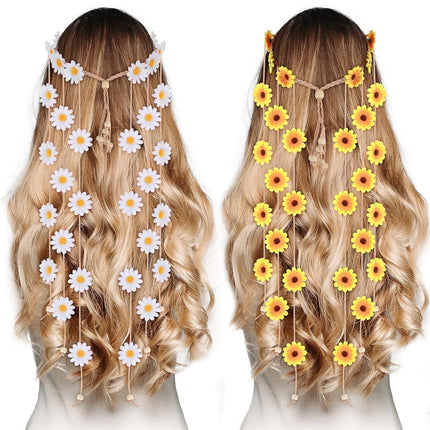 Tutuviw Sunflower Headband, 2 Pcs Adjustable Headband or Crown, Hair Accessories, Costume Headwear for Women and People Attending Special Occasions, Wedding Party, Multicolor White, Yellow.