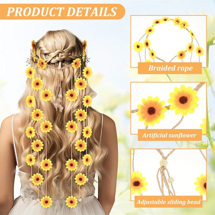 Tutuviw Sunflower Headband, 2 Pcs Adjustable Headband or Crown, Hair Accessories, Costume Headwear for Women and People Attending Special Occasions, Wedding Party, Multicolor White, Yellow.