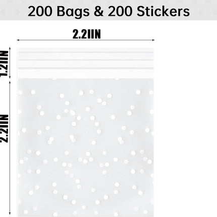QZS 200 Pcs Self Sealing Cellophane Bags, Clear Cookie Bags, Individual Wrappers Treat bags for Packaging Cookies, Biscuit, Candy, Gift Giving (White Polka Dot, 2.2x2.2inches).