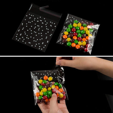 QZS 200 Pcs Self Sealing Cellophane Bags, Clear Cookie Bags, Individual Wrappers Treat bags for Packaging Cookies, Biscuit, Candy, Gift Giving (White Polka Dot, 2.2x2.2inches).