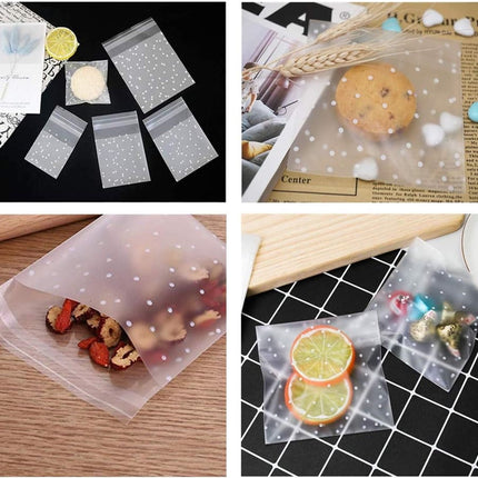 QZS 200 Pcs Self Sealing Cellophane Bags, Clear Cookie Bags, Individual Wrappers Treat bags for Packaging Cookies, Biscuit, Candy, Gift Giving (White Polka Dot, 2.2x2.2inches).