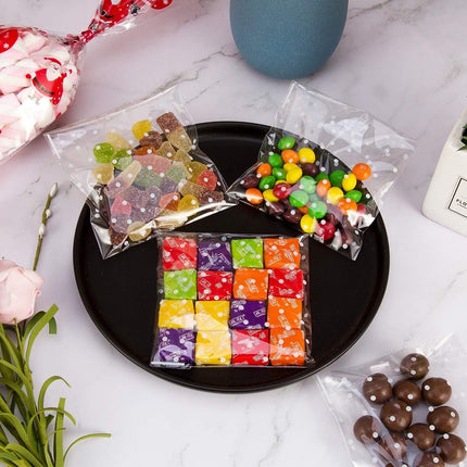 QZS 200 Pcs Self Sealing Cellophane Bags, Clear Cookie Bags, Individual Wrappers Treat bags for Packaging Cookies, Biscuit, Candy, Gift Giving (White Polka Dot, 2.2x2.2inches).