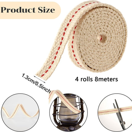 GIXUSIL 26.25 Feet Flat Wide, Oil Lamp Wick, Oil Burner Wick, Cotton Replacement Lanterns Wick with Red Stitch for Kerosene Paraffin Burner Lighting, Lantern Oil Burner, 4 Rolls 32.8'.