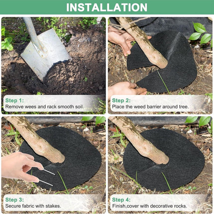 Tutuviw 4 Pack Non-Woven Tree Mulch Ring, Round Mulch Ring Tree Protector Mat with 16 Pcs Garden Stakes, Reusable Heavy Duty Weed Barrier Fabric for Weed Control, Root Protection Mat & Staples.