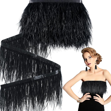 Black Ostrich Feathers Trim,78.7Inx3.15-4.3In Wide Ostrich Feathers Sewing Fringe Trim Ribbon for Latin,Masquerade Decoration Black.