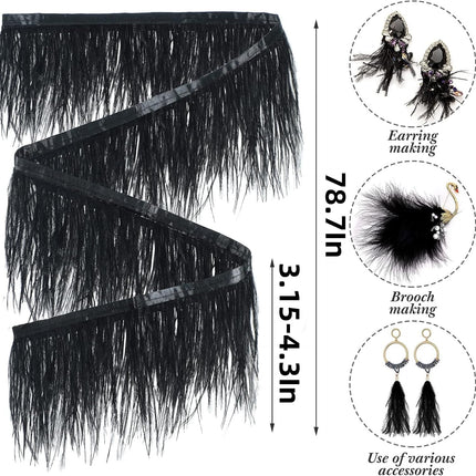 Black Ostrich Feathers Trim,78.7Inx3.15-4.3In Wide Ostrich Feathers Sewing Fringe Trim Ribbon for Latin,Masquerade Decoration Black.