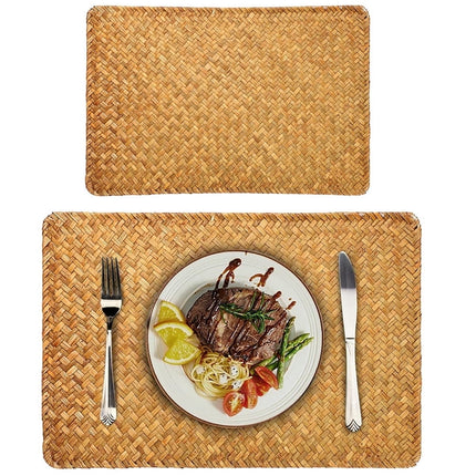 QZS Farmhouse Wicker Placemats,Woven Rattan Place Mat,Rectangular Table Pat,Hand Bamboo Tea Cup Mat,Natural Straw Placemat,Hand-woven Place Mats for Dining Table Home Kitchen Picnic 2Pcs.