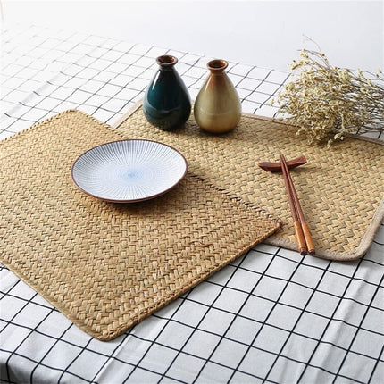 QZS Farmhouse Wicker Placemats,Woven Rattan Place Mat,Rectangular Table Pat,Hand Bamboo Tea Cup Mat,Natural Straw Placemat,Hand-woven Place Mats for Dining Table Home Kitchen Picnic 2Pcs.
