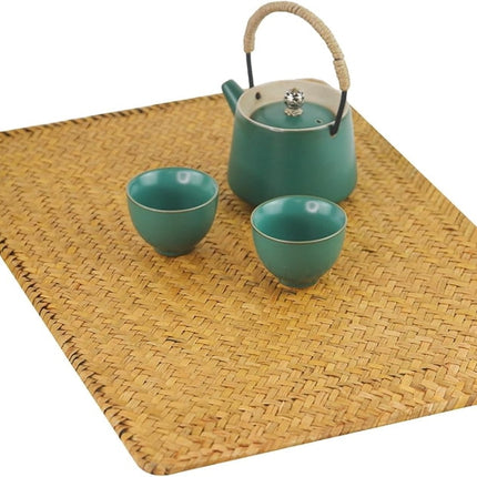 QZS Farmhouse Wicker Placemats,Woven Rattan Place Mat,Rectangular Table Pat,Hand Bamboo Tea Cup Mat,Natural Straw Placemat,Hand-woven Place Mats for Dining Table Home Kitchen Picnic 2Pcs.