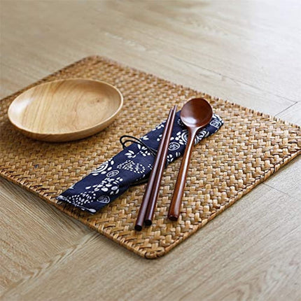 QZS Farmhouse Wicker Placemats,Woven Rattan Place Mat,Rectangular Table Pat,Hand Bamboo Tea Cup Mat,Natural Straw Placemat,Hand-woven Place Mats for Dining Table Home Kitchen Picnic 2Pcs.