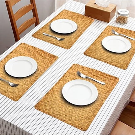QZS Farmhouse Wicker Placemats,Woven Rattan Place Mat,Rectangular Table Pat,Hand Bamboo Tea Cup Mat,Natural Straw Placemat,Hand-woven Place Mats for Dining Table Home Kitchen Picnic 2Pcs.