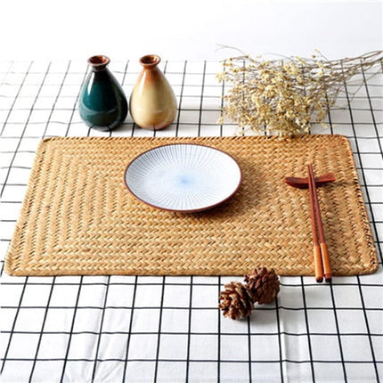 QZS Farmhouse Wicker Placemats,Woven Rattan Place Mat,Rectangular Table Pat,Hand Bamboo Tea Cup Mat,Natural Straw Placemat,Hand-woven Place Mats for Dining Table Home Kitchen Picnic 2Pcs.