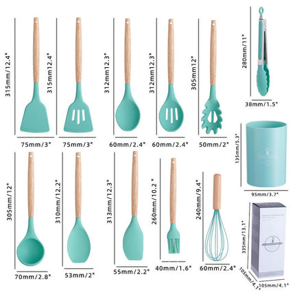 12 Piece Silicone Cooking Utensils Set Non-Stick Cutlery Set Food Grade Silicone Kitchenware Wooden Handle Baking Tools Baking Cooking Small Cookware Set for Apartment, Home (Light green) Light green.