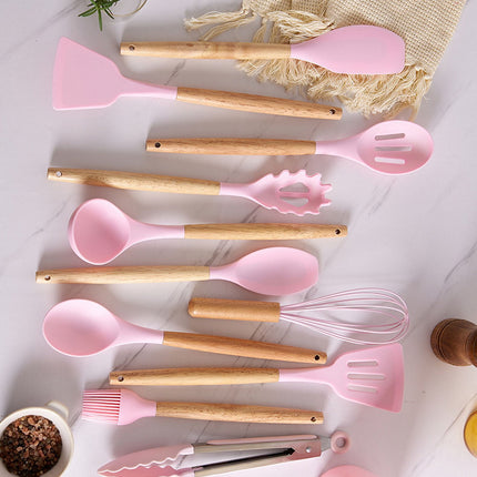12 Piece Silicone Cooking Utensils Set Non-Stick Cutlery Set Food Grade Silicone Kitchenware Wooden Handle Baking Tools Baking Cooking Small Cookware Set for Apartment, Home (Light green) Light green.