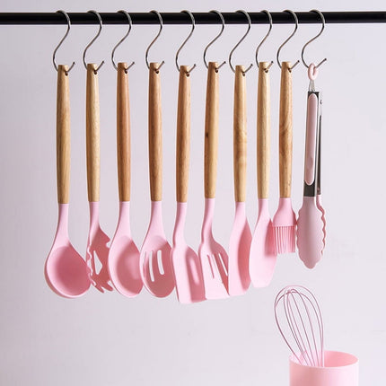 12 Piece Silicone Cooking Utensils Set Non-Stick Cutlery Set Food Grade Silicone Kitchenware Wooden Handle Baking Tools Baking Cooking Small Cookware Set for Apartment, Home (Light green) Light green.