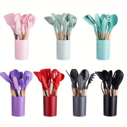 12 Piece Silicone Cooking Utensils Set Non-Stick Cutlery Set Food Grade Silicone Kitchenware Wooden Handle Baking Tools Baking Cooking Small Cookware Set for Apartment, Home (Light green) Light green.