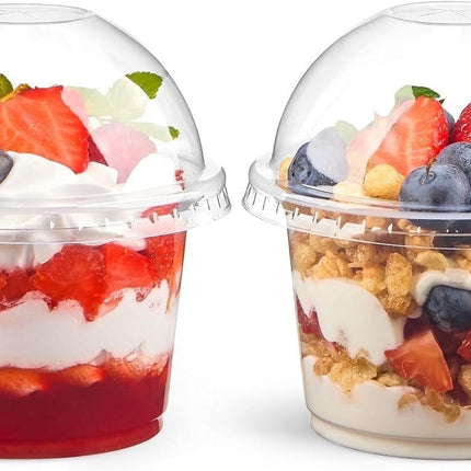 25Pcs Disposable Snack Bowls,Disposable Clear Cups with Dome Lids,Mini Parfait Appetizer Containers,8oz Disposable Dessert Cups for Salad and Fruit.