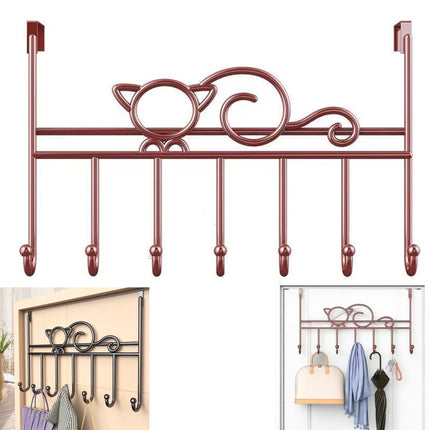 Tutuviw Over the Door Hook,Cat Design Wall Hooks Over Door Hook with 7 Hooks for Back of Bedroom Bathroom Door Punch-Free Coat Rack Organizer Clothes Key Holder Towel Door Coat Hanger,Black Brown.