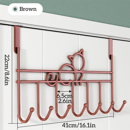 Tutuviw Over the Door Hook,Cat Design Wall Hooks Over Door Hook with 7 Hooks for Back of Bedroom Bathroom Door Punch-Free Coat Rack Organizer Clothes Key Holder Towel Door Coat Hanger,Black Brown.