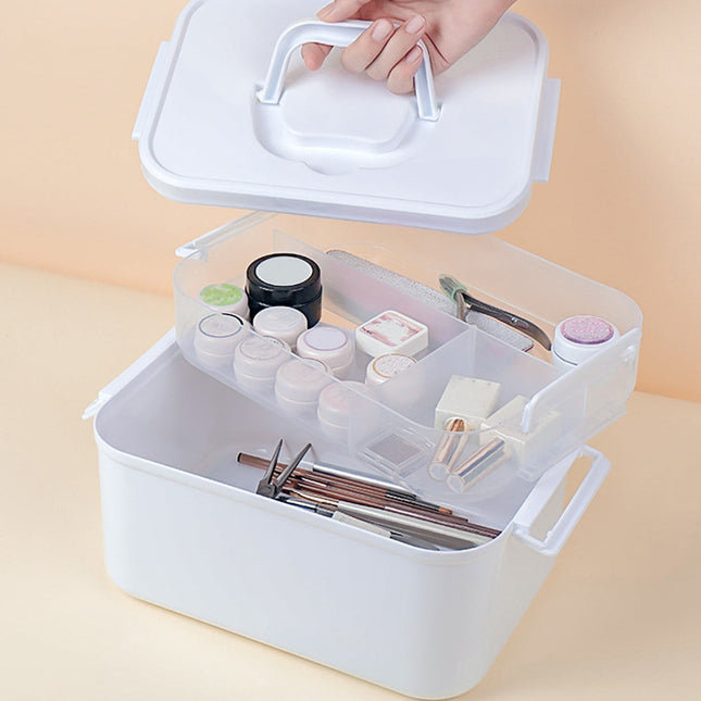 Portable Nail Polish Carrying Box, Plastic Storage Bins with Removable Tray and Lids, Crafts Organizers and Storage Clear Container with Handle, Travel Box Holders for Art Crafts and Cosmetic White.