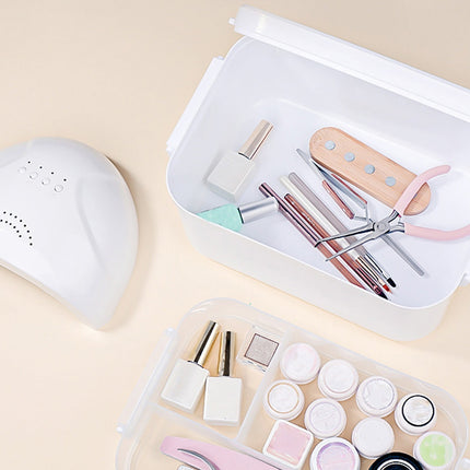 Portable Nail Polish Carrying Box, Plastic Storage Bins with Removable Tray and Lids, Crafts Organizers and Storage Clear Container with Handle, Travel Box Holders for Art Crafts and Cosmetic White.