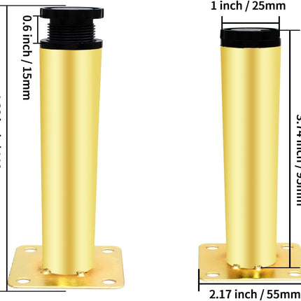 4pcs Gold Adjustable Furniture Legs, 4 Inch / 100mm Gold Metal Support Feet Heavy Duty Replacement Legs for Sofa TV Cabinet Couch Coffee Table Sideboards Cupboard Dresser Gold Adj.