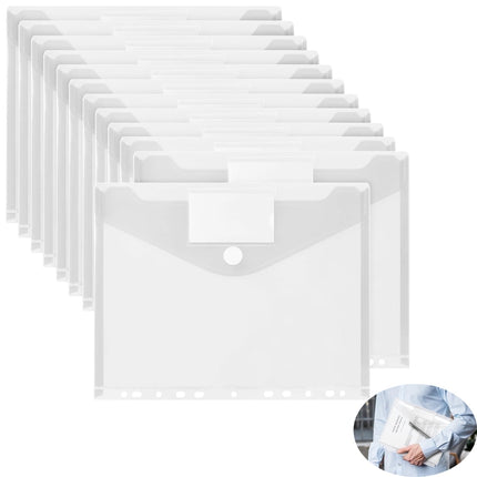 Tutuviw 12Pcs Binder Pockets for 2/3/4 Ring,11 Holes Binder Folders,Clear Document Folders,A4 Size Clear Document Envelopes,Snap Button Pouch with Label for Home Work Organization White.