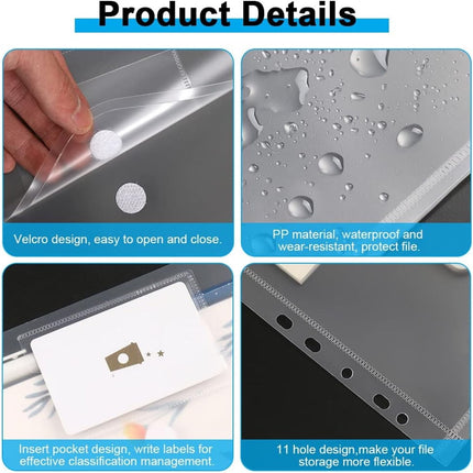 Tutuviw 12Pcs Binder Pockets for 2/3/4 Ring,11 Holes Binder Folders,Clear Document Folders,A4 Size Clear Document Envelopes,Snap Button Pouch with Label for Home Work Organization White.